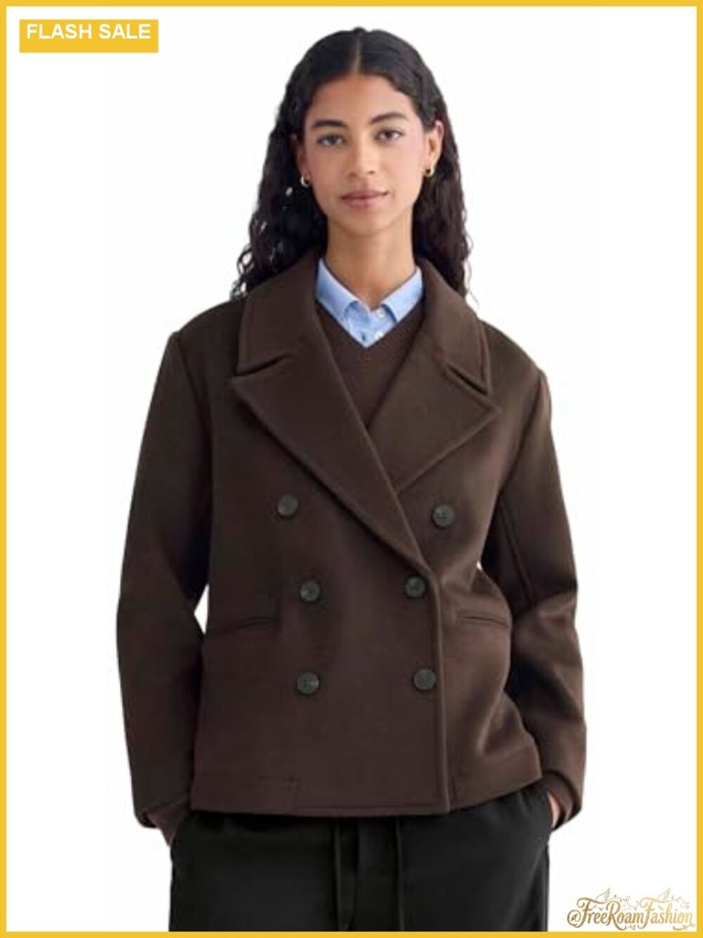 Recycled Wool Double-Breasted Peacoat Notched Lapel Women's Winter Coat